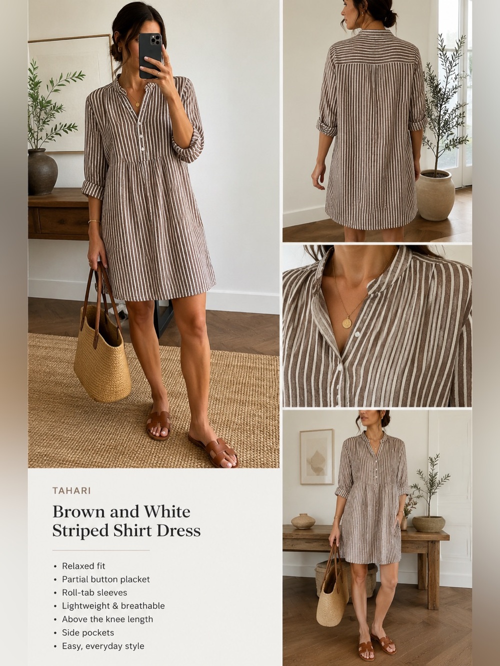 Tahari Brown and White Striped Dress M